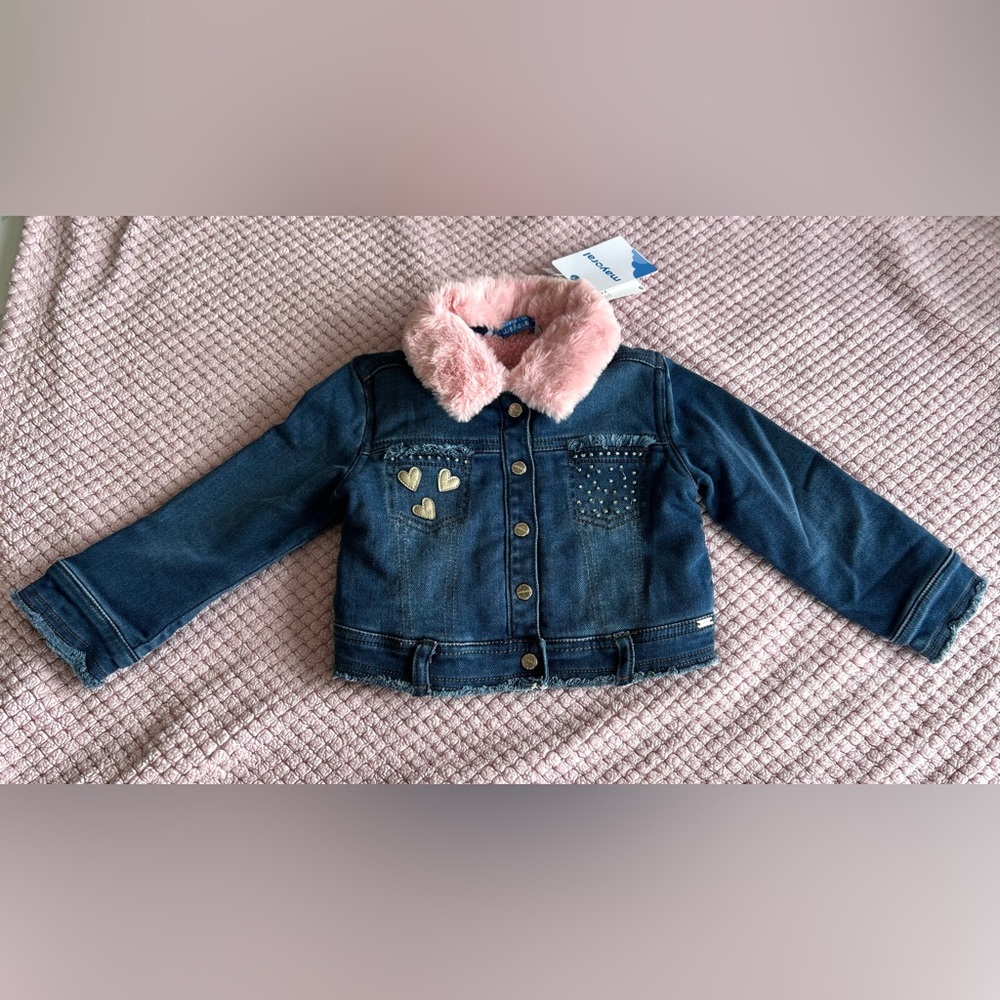 24 months, Mayoral Denim Jacket with Pink Faux Fur and Gold Accents NWT